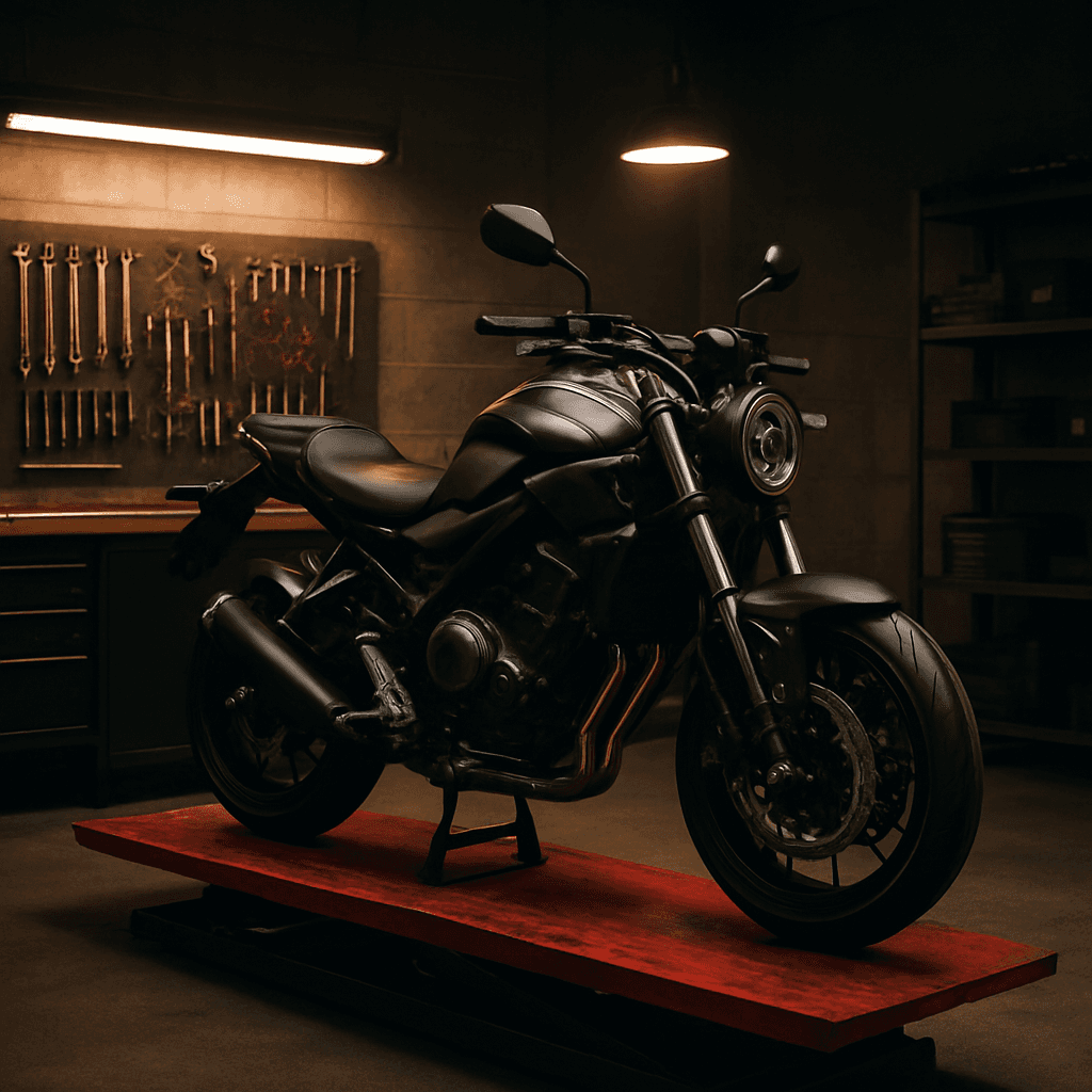 Moto em manutenção em oficina da Motorrad